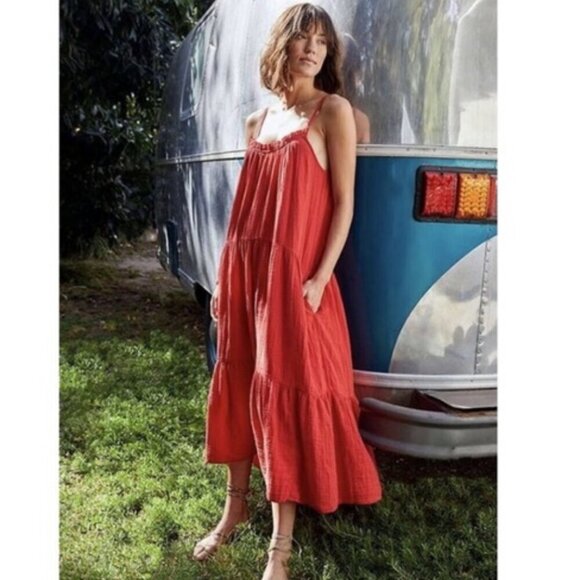 Xirena Cara Red Cotton Gauze Tiered Spaghetti Strap Sleeveless Midi Dress Medium - Picture 4 of 16